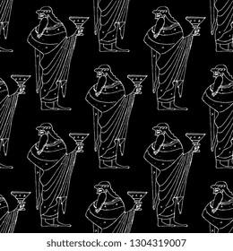 Seamless geometrical black and white pattern with silhouettes of ancient Greek god of wine Dionysus. Hand drawn linear sketch.
