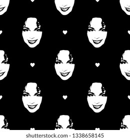 Seamless geometrical black and white pattern with beautiful smiling female faces and heart symbols.