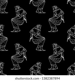 Seamless geometrical black and white pattern with hand drawn linear silhouettes of sitting ancient Greek god or man.