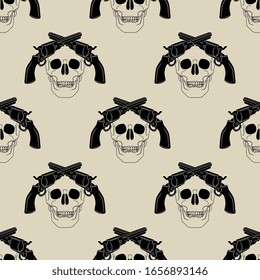 Seamless geometrical black and white pattern with human skulls and revolvers.