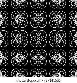 Seamless geometrical black and white pattern with abstract silhouetted vignettes in Art Nouveau style.