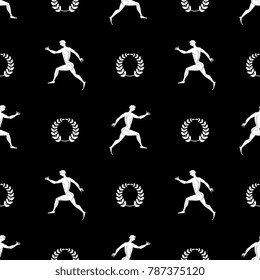 Seamless geometrical black and white pattern with silhouettes of running old Greek athletes and laurel wreaths.