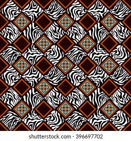 Seamless geometrical carpet pattern. Various zebra prints and tile geometric and floral ornaments.