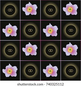 Seamless geometrical check pattern with anemone blossom and wedding rings in sun rays inside rectangular grid.