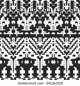 Seamless Geometrical Chevron Pattern for Trendy Textile Design. Mix of Black Lines, Rectangles and Circles on White. Vector Modern Art in Techno Tribal Style