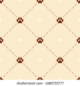 Seamless geometrical colorful pattern with dog paw prints. Simple and minimal flat background with pet footprint and bones in brown color. Texture for textile, fabric, wrapping. Vector Illustration. 