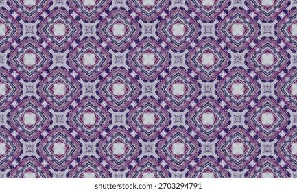 A seamless geometrical complex square shapes pattern, arranged in a diagonal grid pattern. The entire pattern is in purple, pink, blue and white tones.
