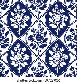 Seamless geometrical damask pattern with Victorian motifs. Royal French roses, English hop cones. Vintage textile collection. White, blue.