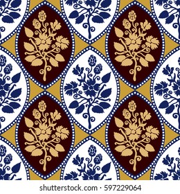 Seamless geometrical damask pattern with Victorian motifs. Royal French roses, English hop cones. Vintage textile collection. White, blue, golden.