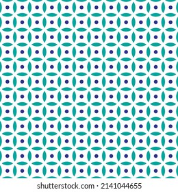 Seamless geometrical design. Square and dot pattern in green and blue on white background. Blue maze pattern on white backdrop.