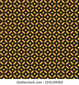 Seamless geometrical design. Square and dot pattern in orange and yellow on black background. Orange maze pattern on black backdrop.