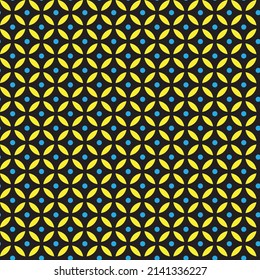 Seamless geometrical design. Square and dot pattern in yellow and green on black background. Yellow maze pattern on black backdrop.