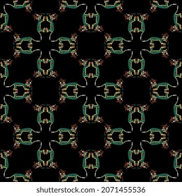 Seamless geometrical ethnic animal pattern with cross mandalas made of fantastic monsters. Native American motif of Aztec Indians from Mexican codex.