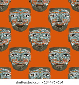 Seamless geometrical ethnic pattern with ancient Mexican mosaic tribal masks.