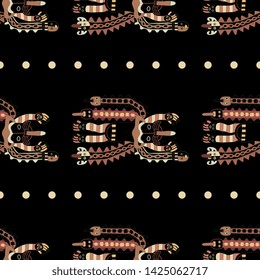 Seamless geometrical ethnic pattern with ancient Peruvian tribal motifs from Paracas. Fantastic mythological creatures and dotted lines.