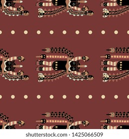 Seamless geometrical ethnic pattern with ancient Peruvian tribal motifs from Paracas. Fantastic mythological creatures and dotted lines.