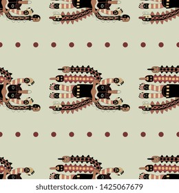 Seamless geometrical ethnic pattern with ancient Peruvian tribal motifs from Paracas. Fantastic mythological creatures and dotted lines.