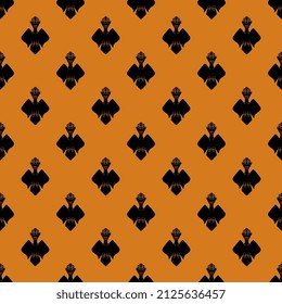Seamless geometrical ethnic pattern with fantastic monster bats with human faces. Halloween motif. Mythological creature from ancient China. Hongshan culture. Black and orange silhouette.