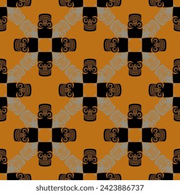 Seamless geometrical ethnic pattern with human skulls. Halloween design. Native American pre Columbian motif of Peruvian Indians. Chancay culture of ancient Peru. 
