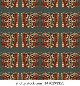 Seamless geometrical ethnic pattern with Native American Mayan motifs. Horizontal stripes. Ornate animal decor. Ancient Mexican mythology.