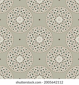 Seamless geometrical ethnic pattern with round mandalas. Native American motifs of Aleut Indians from Canada.
