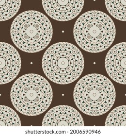Seamless geometrical ethnic pattern with round mandalas. Native American motifs of Aleut Indians from Canada.