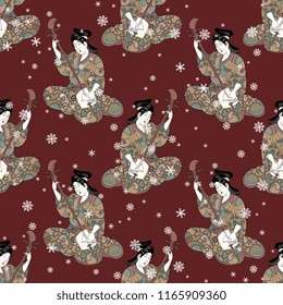 Seamless geometrical ethnic pattern with silhouettes of vintage Japanese geisha playing the shamisen and snowflakes.