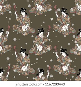 Seamless geometrical ethnic pattern with silhouettes of vintage Japanese geisha playing the shamisen and snowflakes.
