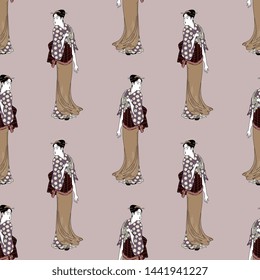 Seamless geometrical ethnic pattern with silhouettes of standing Japanese women in kimono. Flat cartoon style.