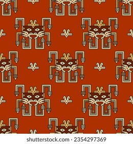 Seamless geometrical ethnic pattern with tribal motifs. Ornament of ancient Peru with stylized face. Native American art of Nazca Indians. On red background.