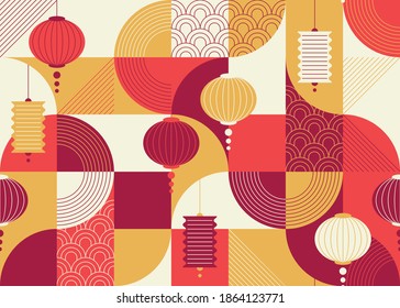 Seamless geometrical flat and ornamental design pattern with chinese lanterns, China New year background.