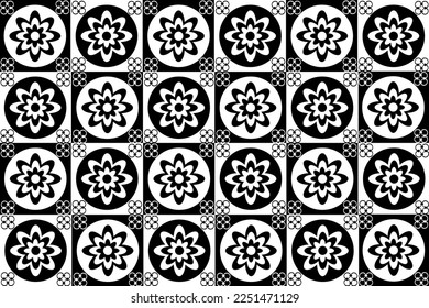 Seamless geometrical floral pattern. Black and whiteflower background. Wallpaper. Design for bath floor and wall tile. 