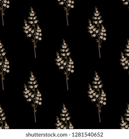 Seamless geometrical floral pattern with blooming spring tree branches. Medieval Persian motif.