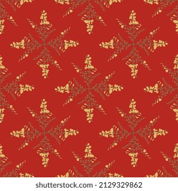 Seamless geometrical floral pattern with blooming branches of Scotch Broom plant. Common broom. Cytisus scoparius. Sarothamnus scoparius. Green leaves and yellow flowers on red background.