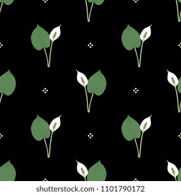 Seamless geometrical floral pattern with bog arum plant and abstract polka dots.
