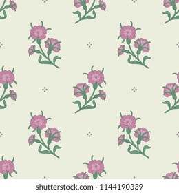 Seamless geometrical floral pattern with branches of corn cockle flower. Vintage style.