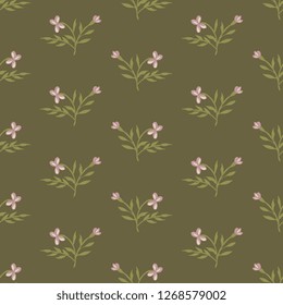 Seamless geometrical floral pattern with branches of delicate wild flowers. Vintage style.