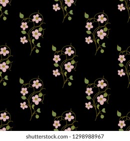 Seamless geometrical floral pattern with branches of stylized flowers. Folk vintage style.