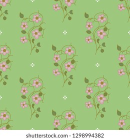 Seamless geometrical floral pattern with branches of stylized flowers and abstract dots. Folk vintage style.