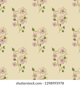 Seamless geometrical floral pattern with branches of stylized flowers. Folk vintage style.