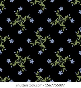 Seamless geometrical floral pattern with branches of periwinkle flower. Vinca minor. Folk style.