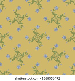 Seamless geometrical floral pattern with branches of periwinkle flower. Vinca minor. Folk style.