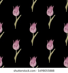 Nahtlose geometrische Blumenmuster mit Ästen von rosafarbenen Tulpen. Auf schwarzem Hintergrund.