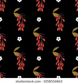 Seamless geometrical floral pattern with clusters of red berries and abstract polka dot flowers. Folk style.