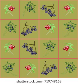 Seamless geometrical floral pattern with clusters of wild berries. Square checkered design. Elder, blueberry, lingonberry. 