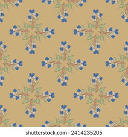 Nahtloses geometrisches Blumenmuster mit kreuzförmigen Sträuchern blühender Äste. Wildblume oder violette Trikolorenblume. Auf gelbem beigem Hintergrund.