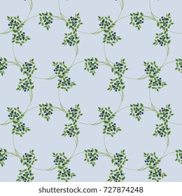 Seamless geometrical floral pattern with delicate round wreaths of blueberry. 