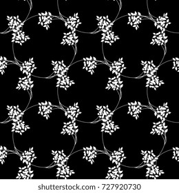 Seamless geometrical floral pattern. Delicate circles of blueberry wreaths. White silhouettes on black background.