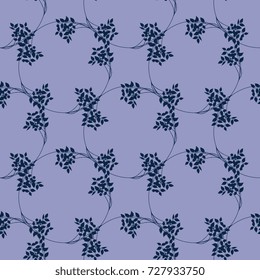Seamless geometrical floral pattern with delicate dark blue silhouettes of wild blueberry plants on lavender background.