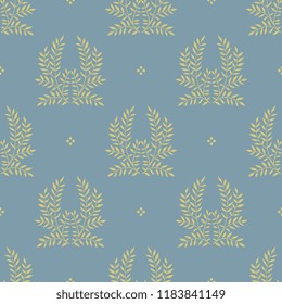 Seamless geometrical floral pattern with elegant branches with leaves and dots. Yellow gold silhouettes on blue background.
